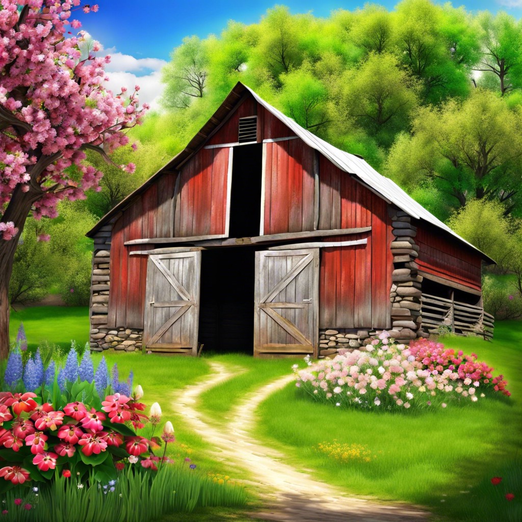 old barn with fresh blooms