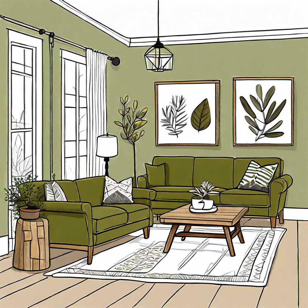 olive green sofa with rustic wooden furniture