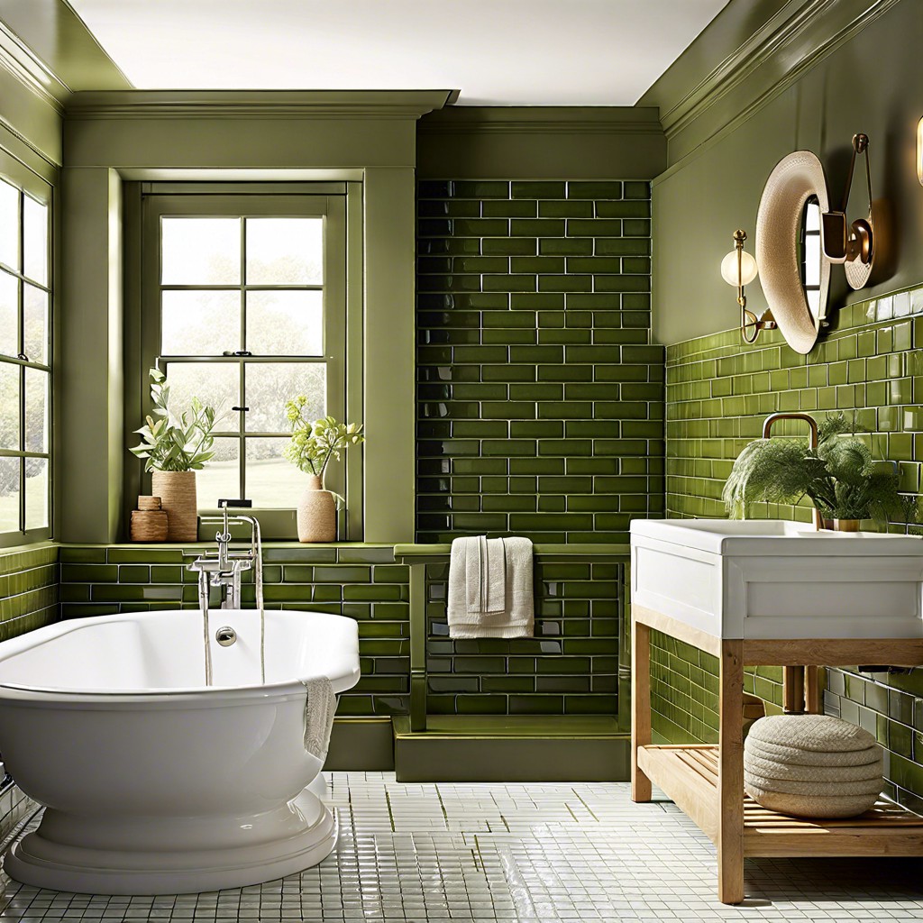 olive green subway tiles and wooden accents