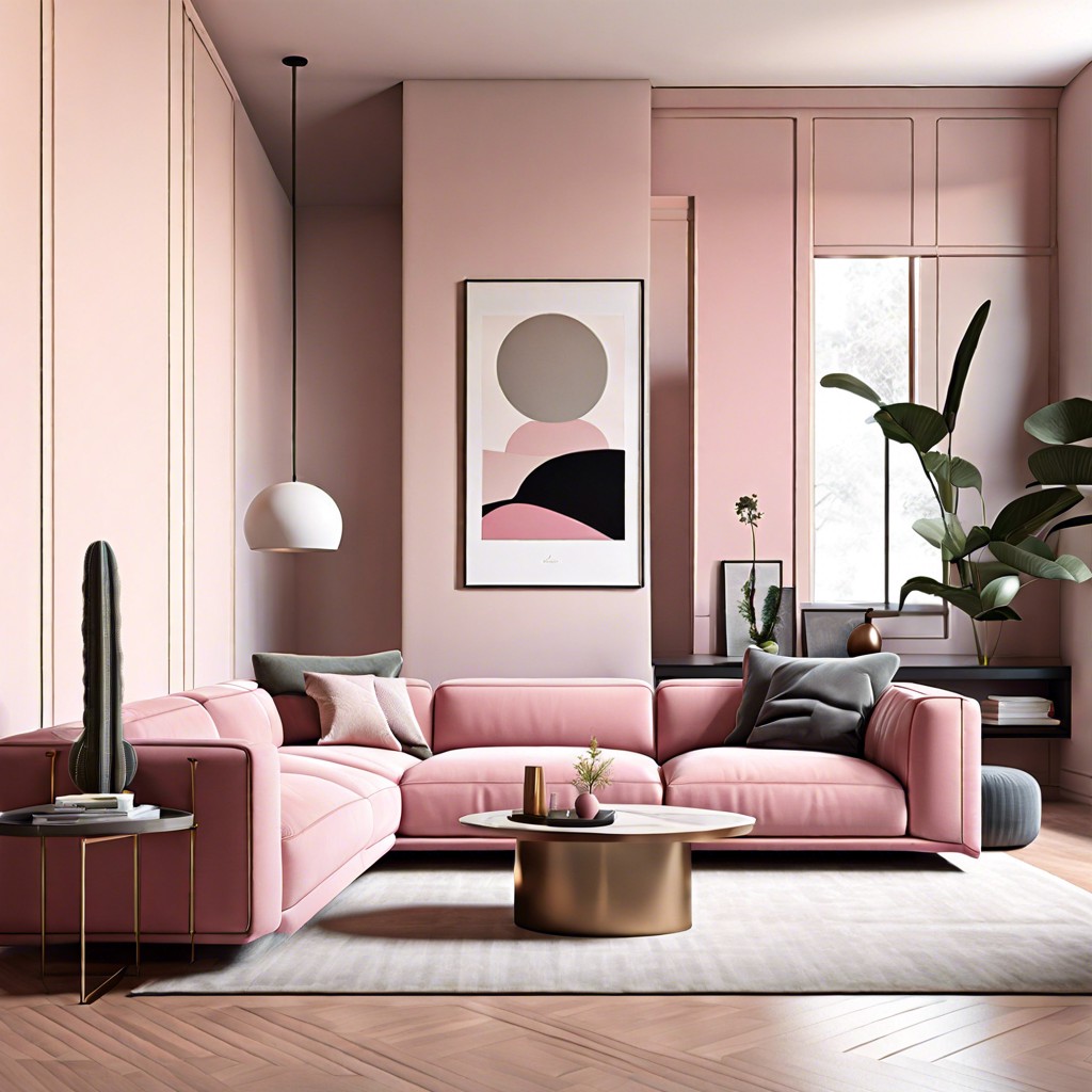 opt for a minimalist design with a sleek pink sofa and sparse clean lined furniture