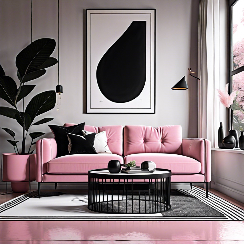 pair a pink sofa with monochrome black and white accents for a modern contrast