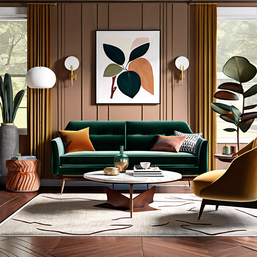 pairing a velvet couch with mid century modern furniture