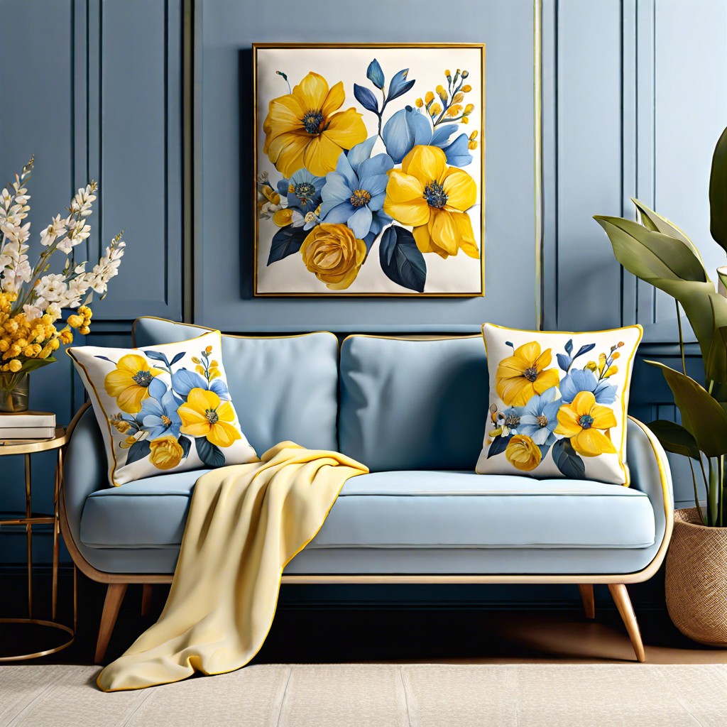pale blue and yellow floral pillows