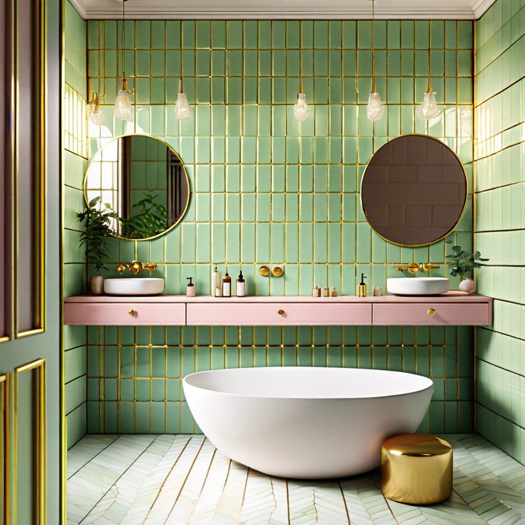 pastel green tiles with gold mirrors