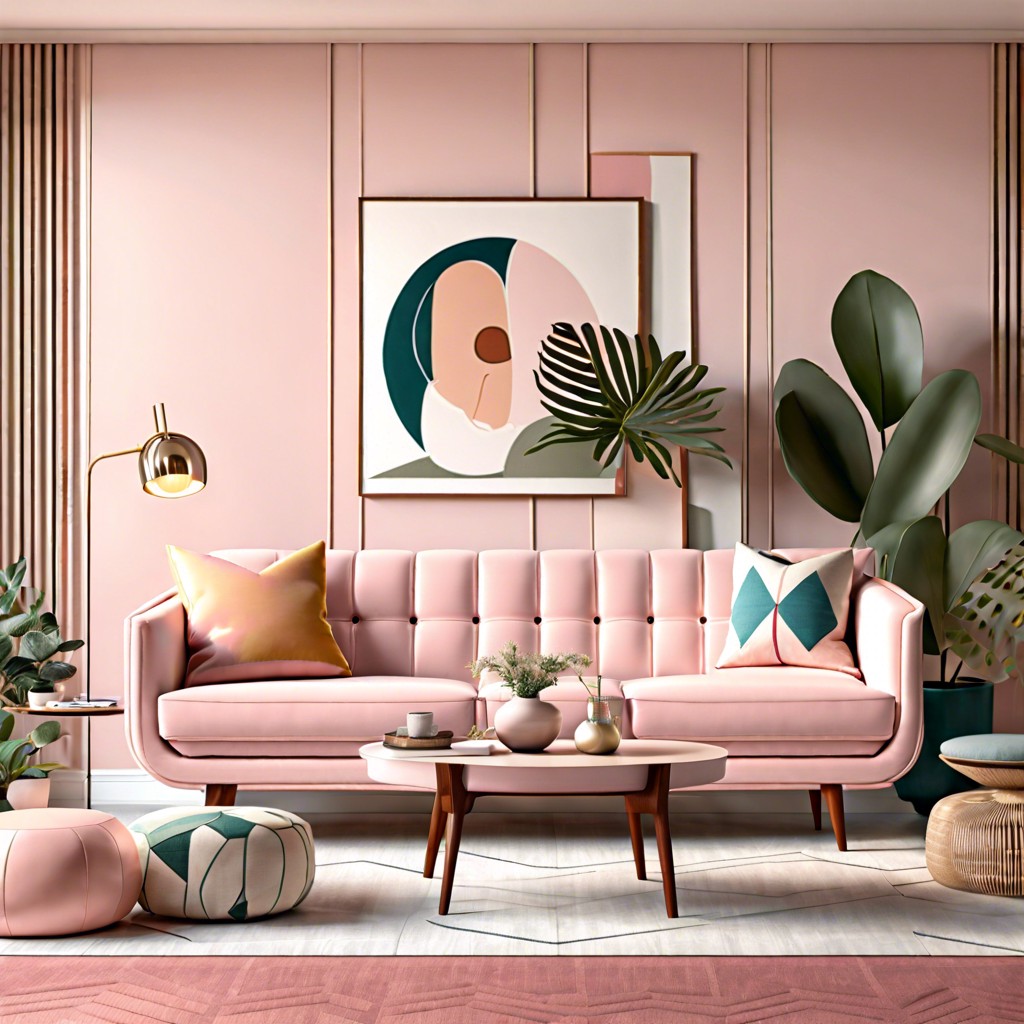 pastel pink mid century modern sofa