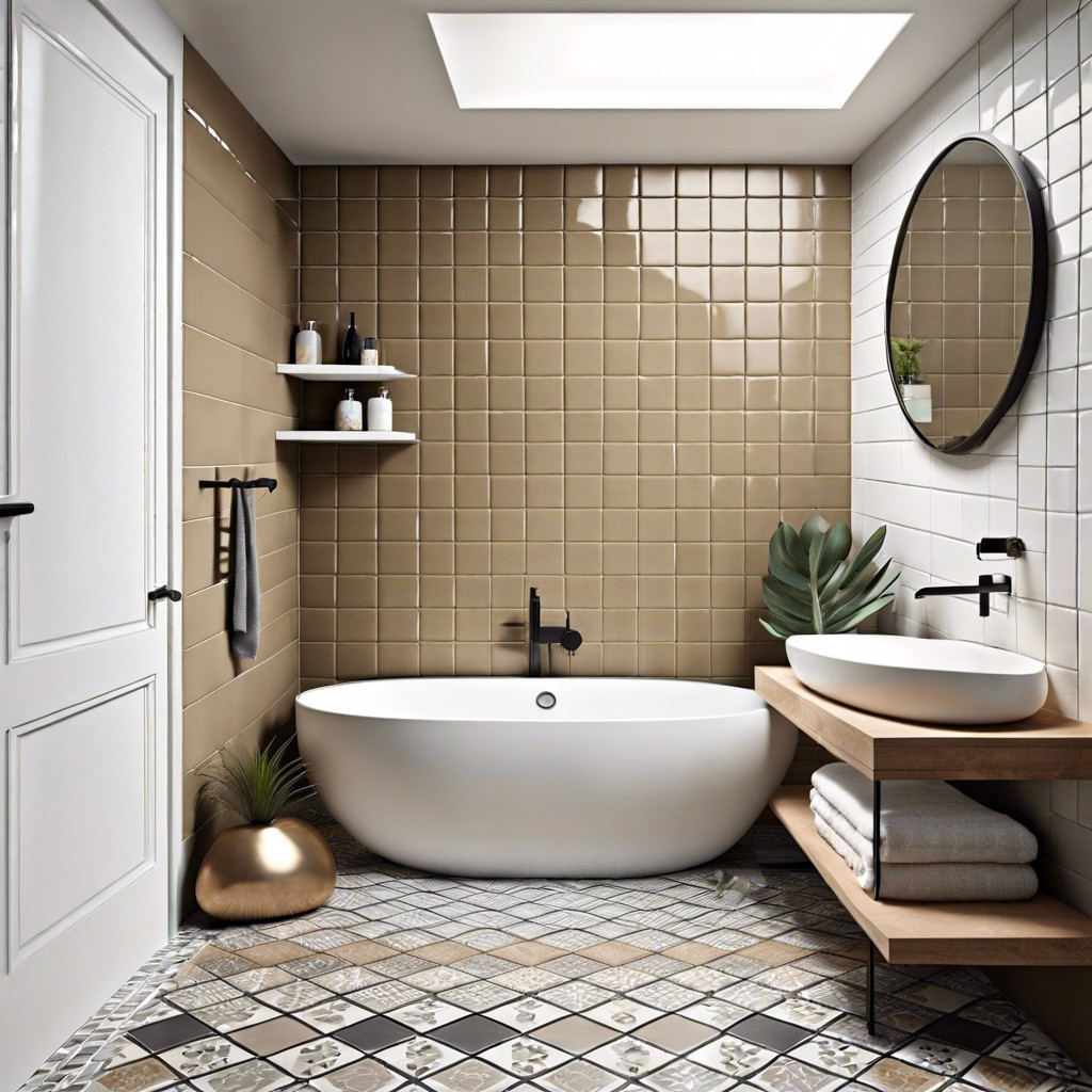 patterned porcelain tiles on the lower part and a neutral shade of eco friendly paint above