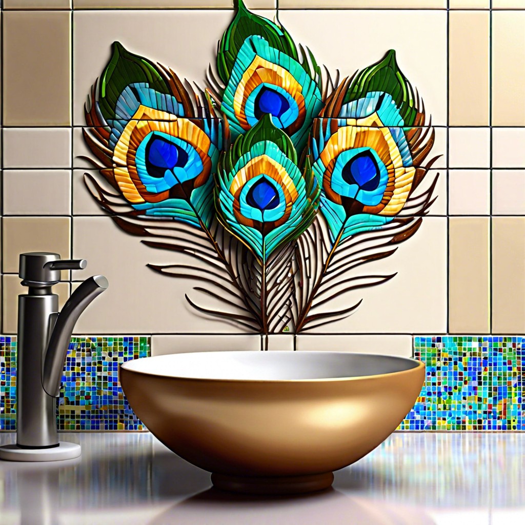 peacock feathers colorful tiles shaped like feathers around the sink area