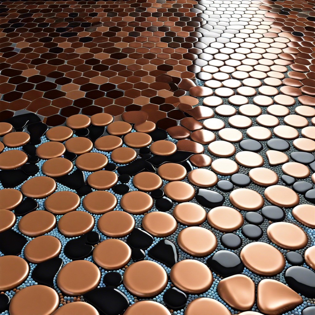 penny tile rug design on the floor for distinct zoning