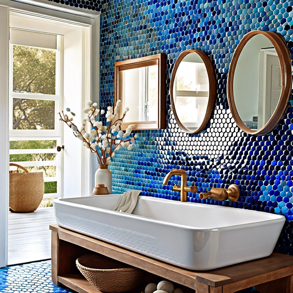 penny tiles in varying shades of blue for a coastal feel