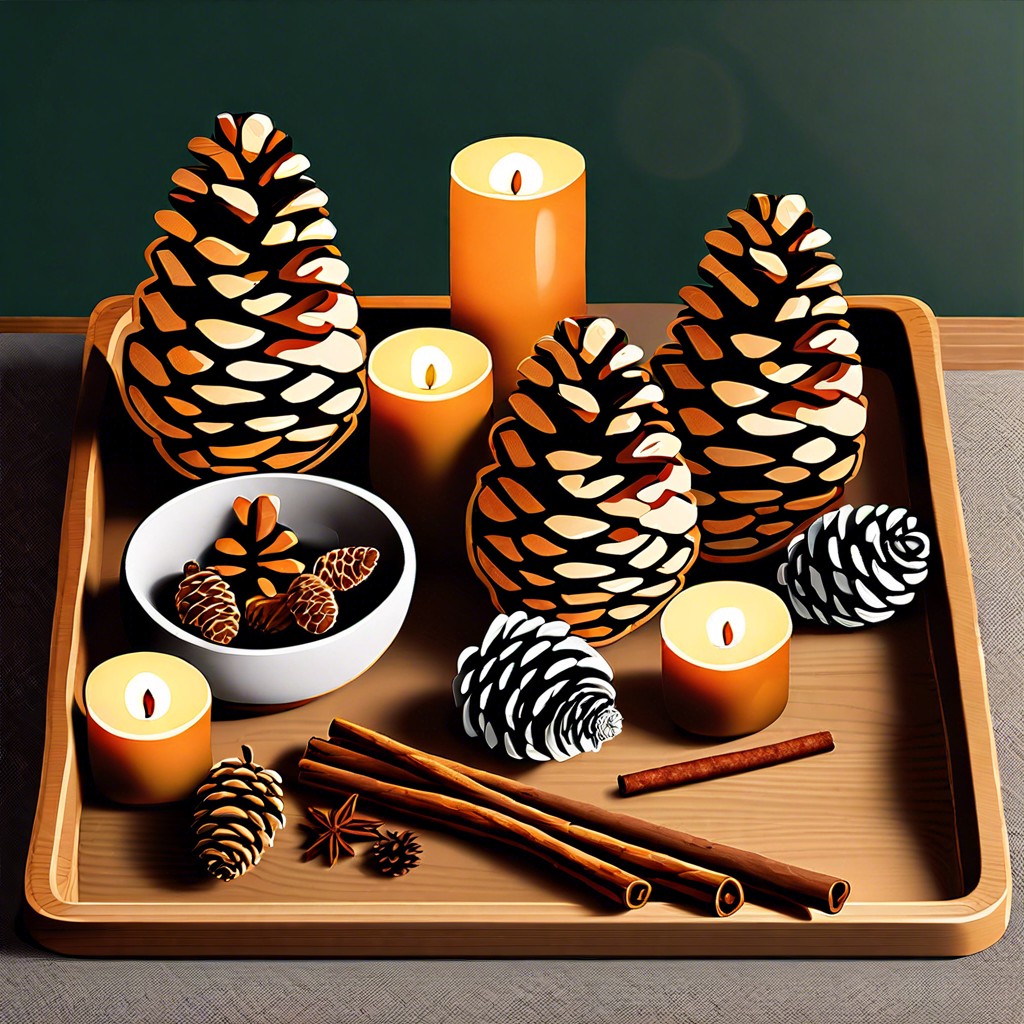 pinecones and cinnamon sticks in a wooden tray