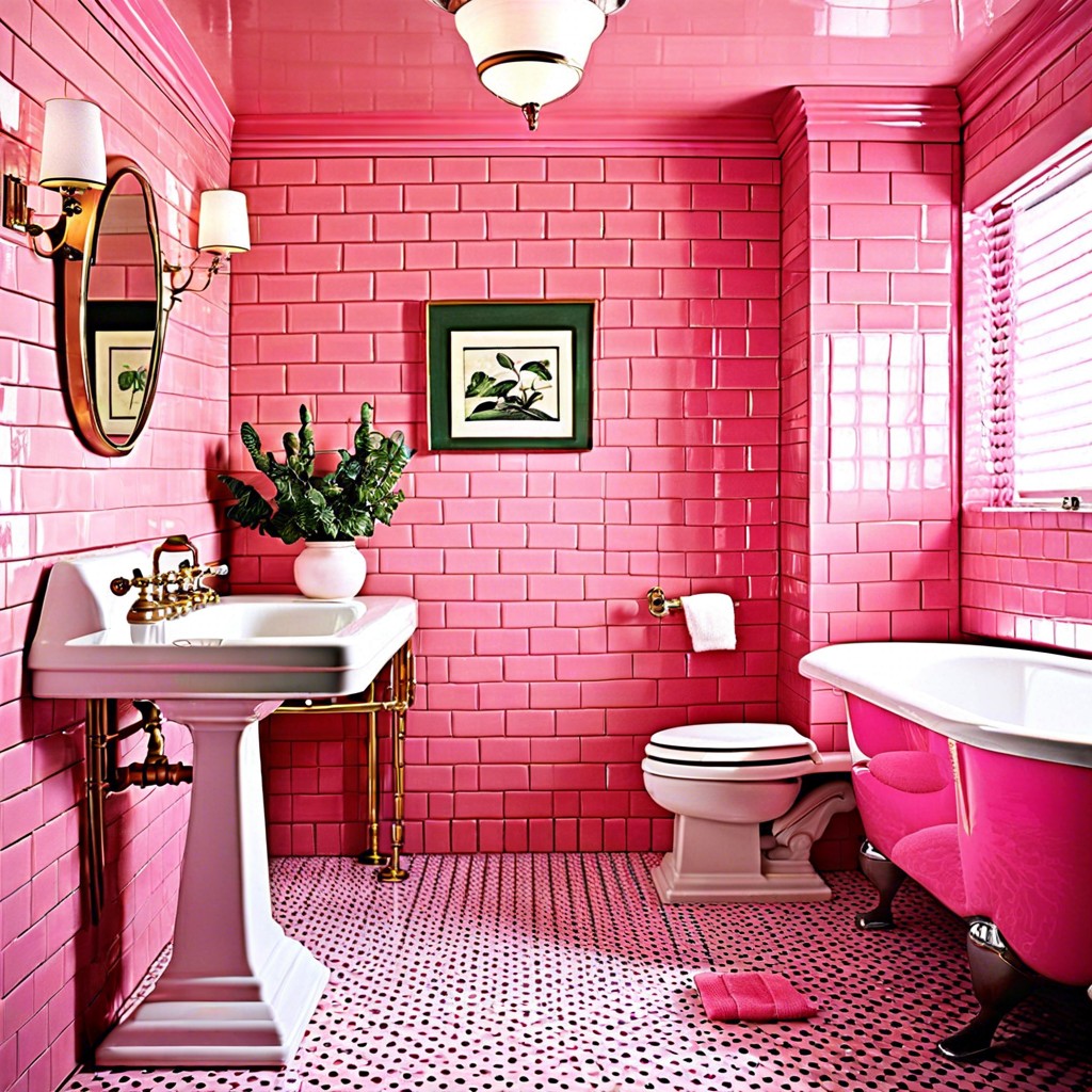 pink subway tile walls with black trim