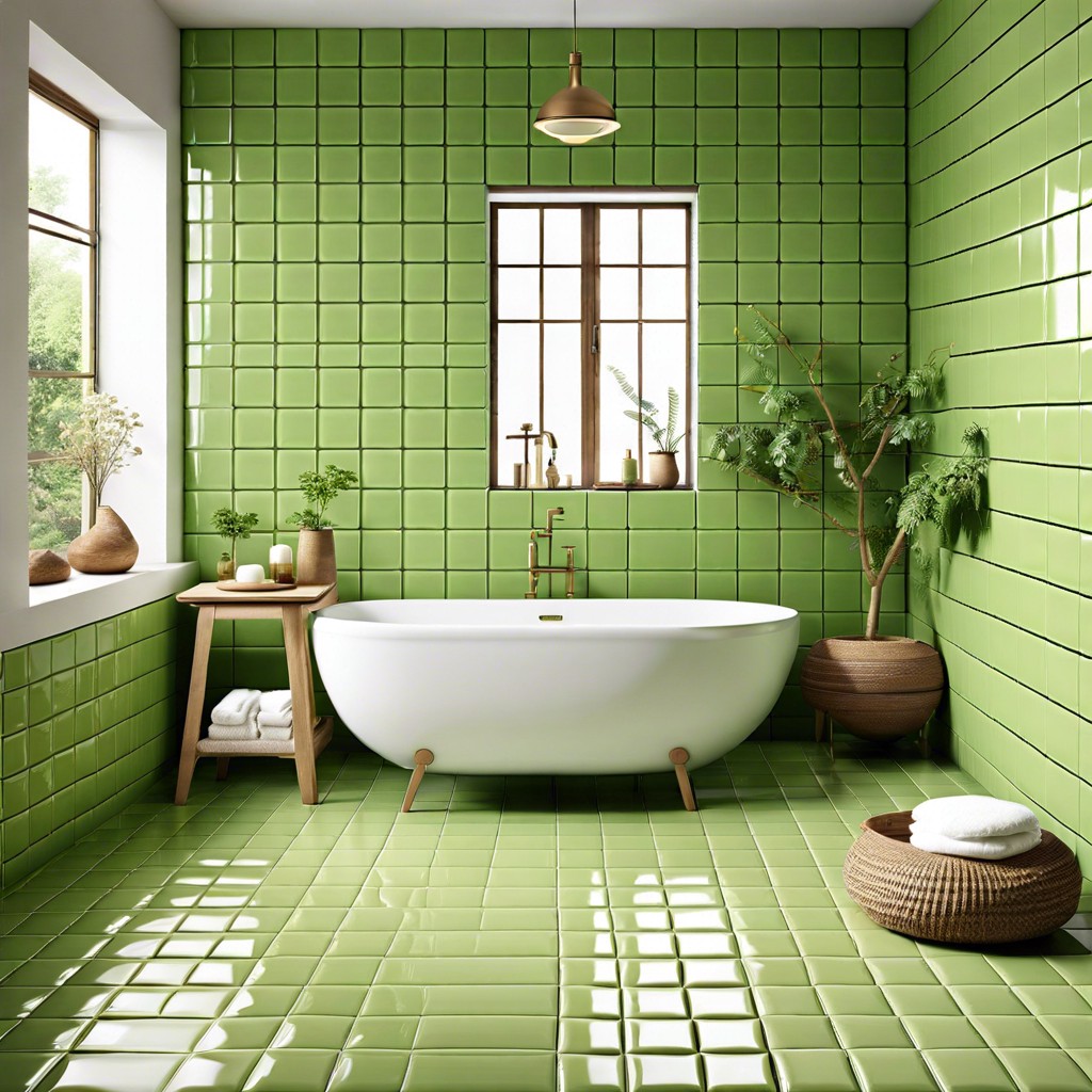 pistachio green tiles with vintage lighting