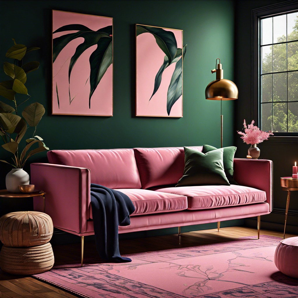 place a pink sofa against a dark navy or deep green wall for a rich dramatic effect
