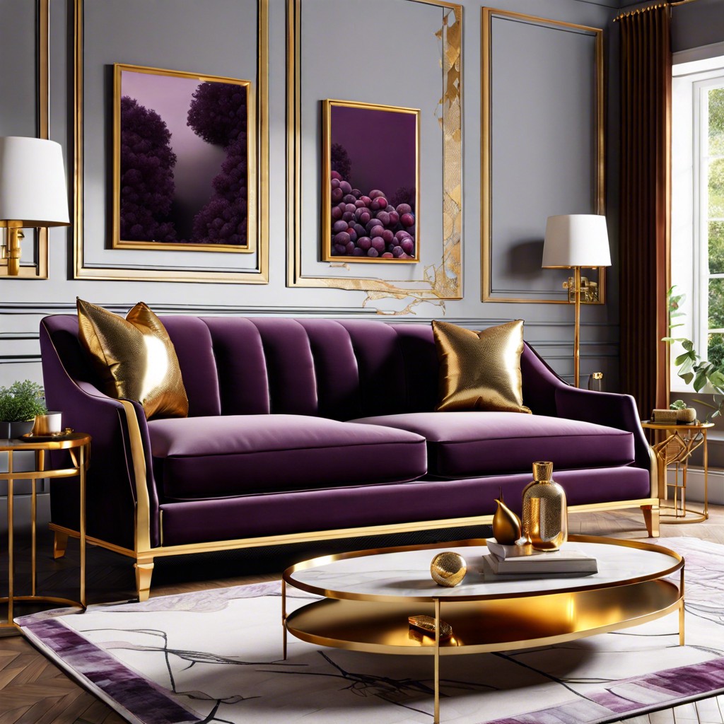 plum sofa with gold accents