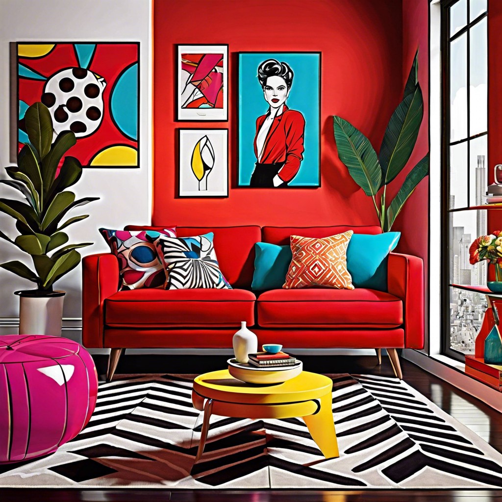 pop art play use bright contrasting colors and graphic posters to make the red couch a statement piece