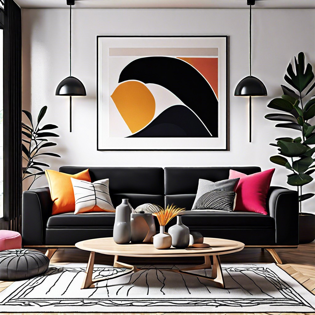 pop of color add bright pillows and rugs to contrast with the black sofa