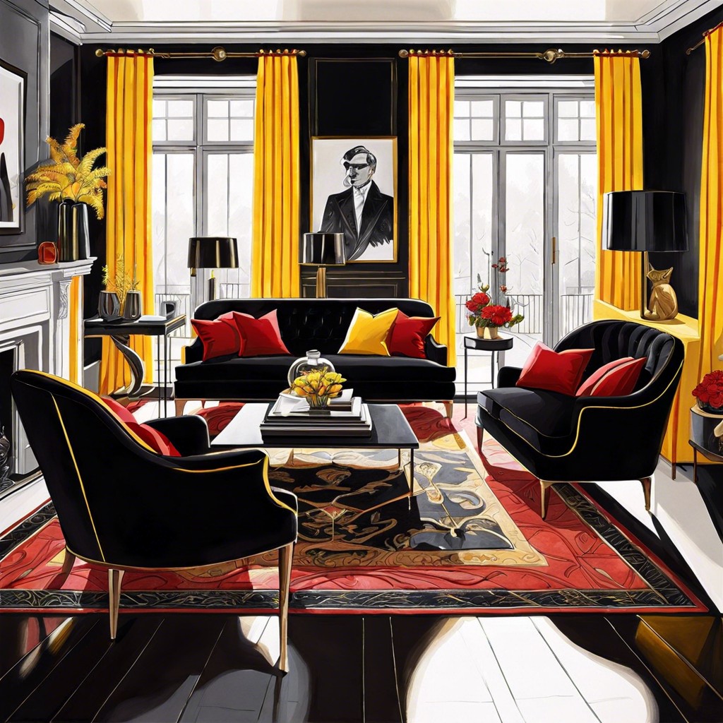pop of color black velvet sofa with bright red or yellow cushions and matching artwork