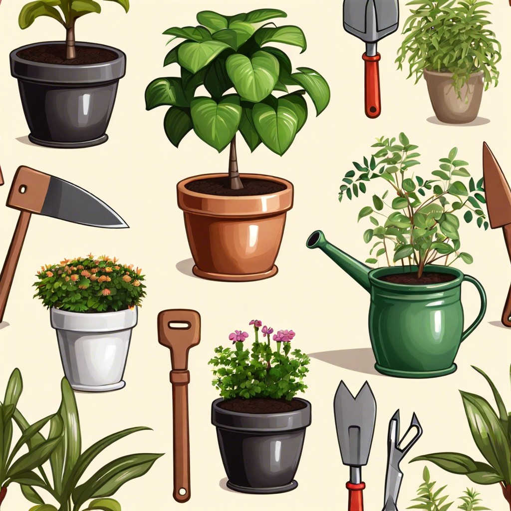 potted plants and garden tools