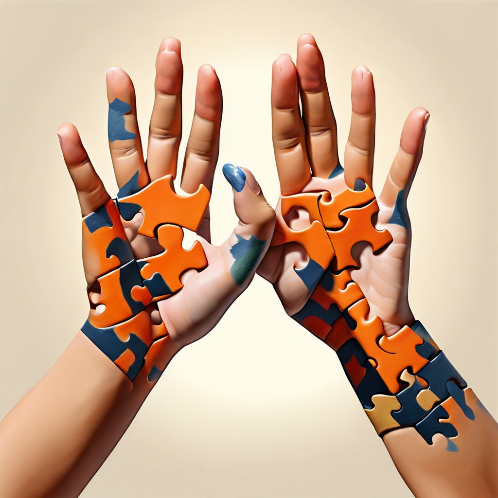 puzzle pieces paint each hand to look like interlocking puzzle pieces