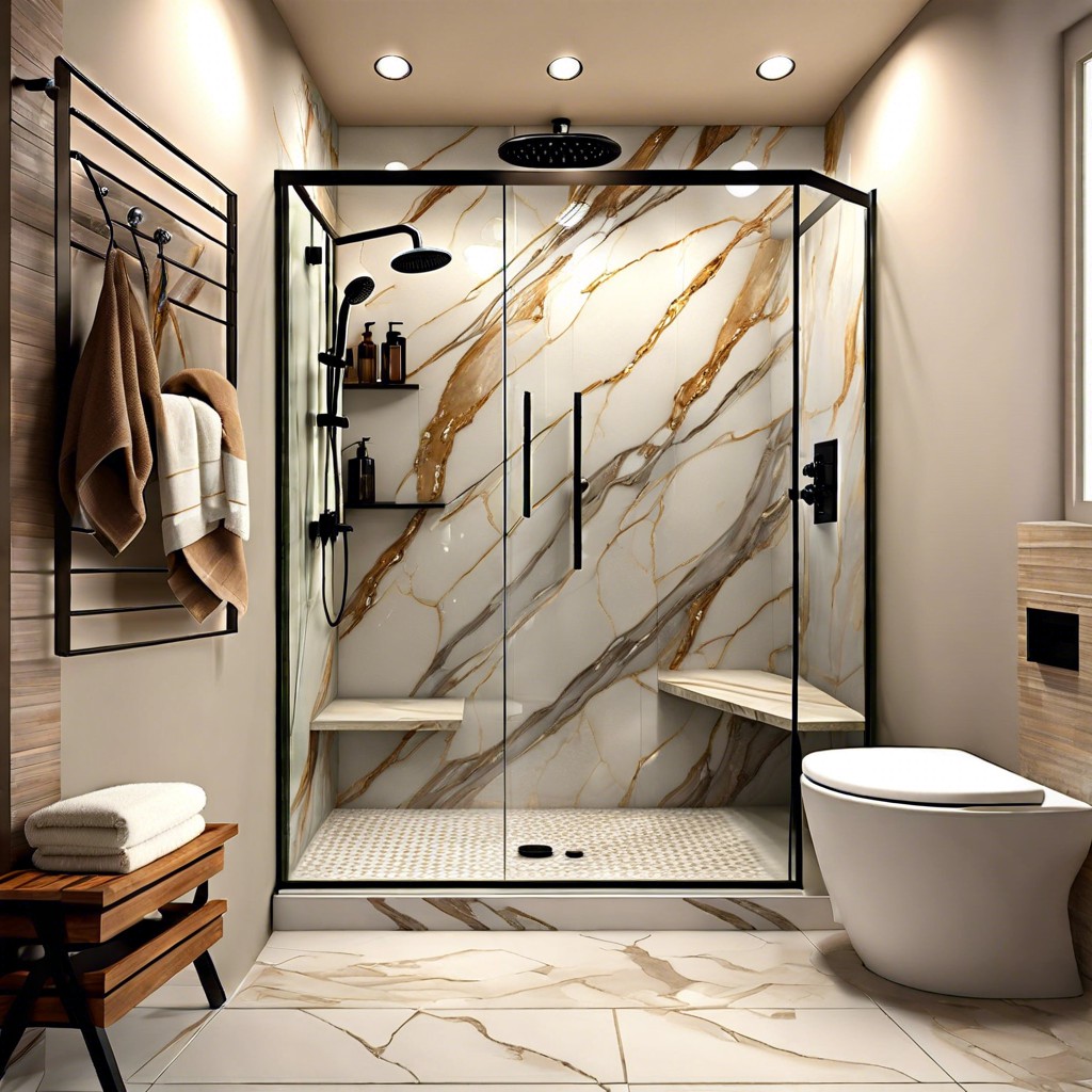 quartzite shower with glass enclosure