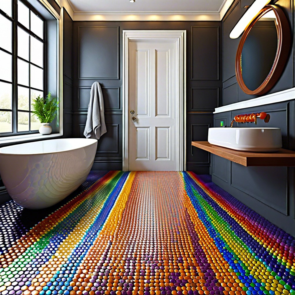 rainbow route line up penny tiles in every color for a bold vibrant strip amidst neutral tones