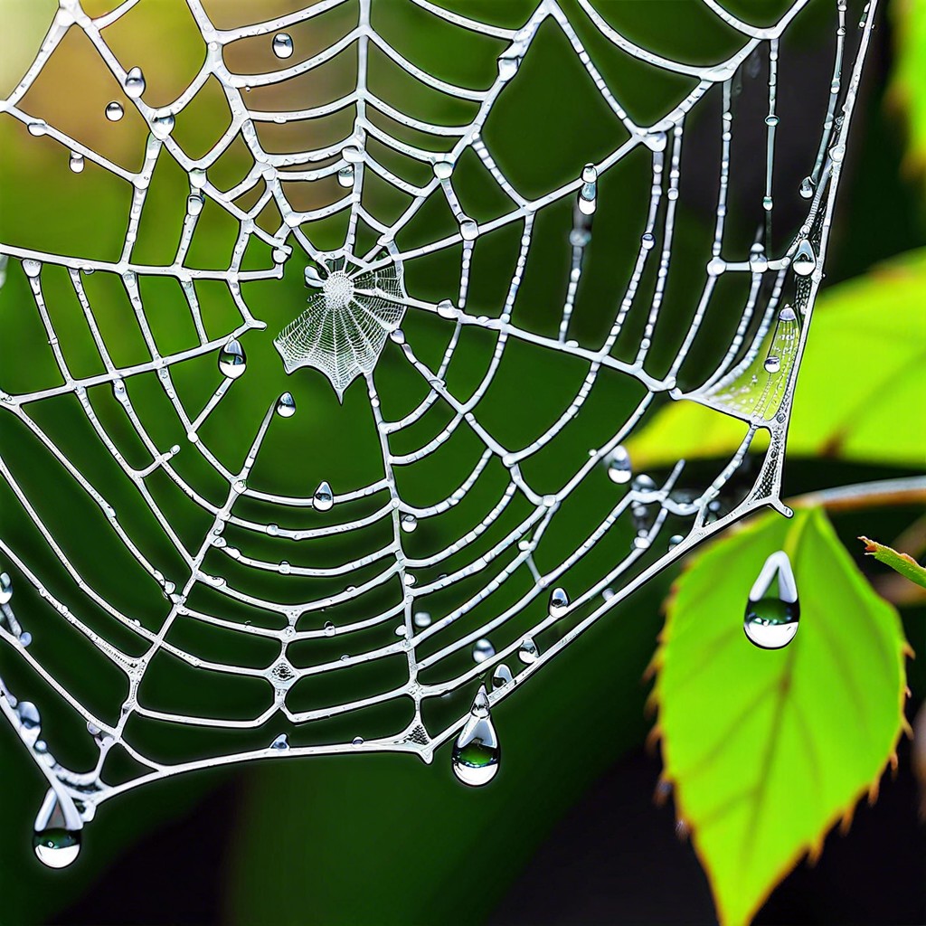 raindrops on spider webs in foliage