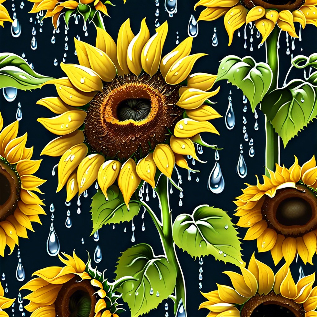 rainy day sunflowers show droplets of water on sunflower petals during a shower