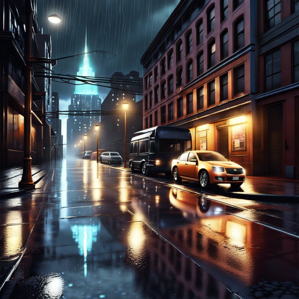 rainy urban streetscape