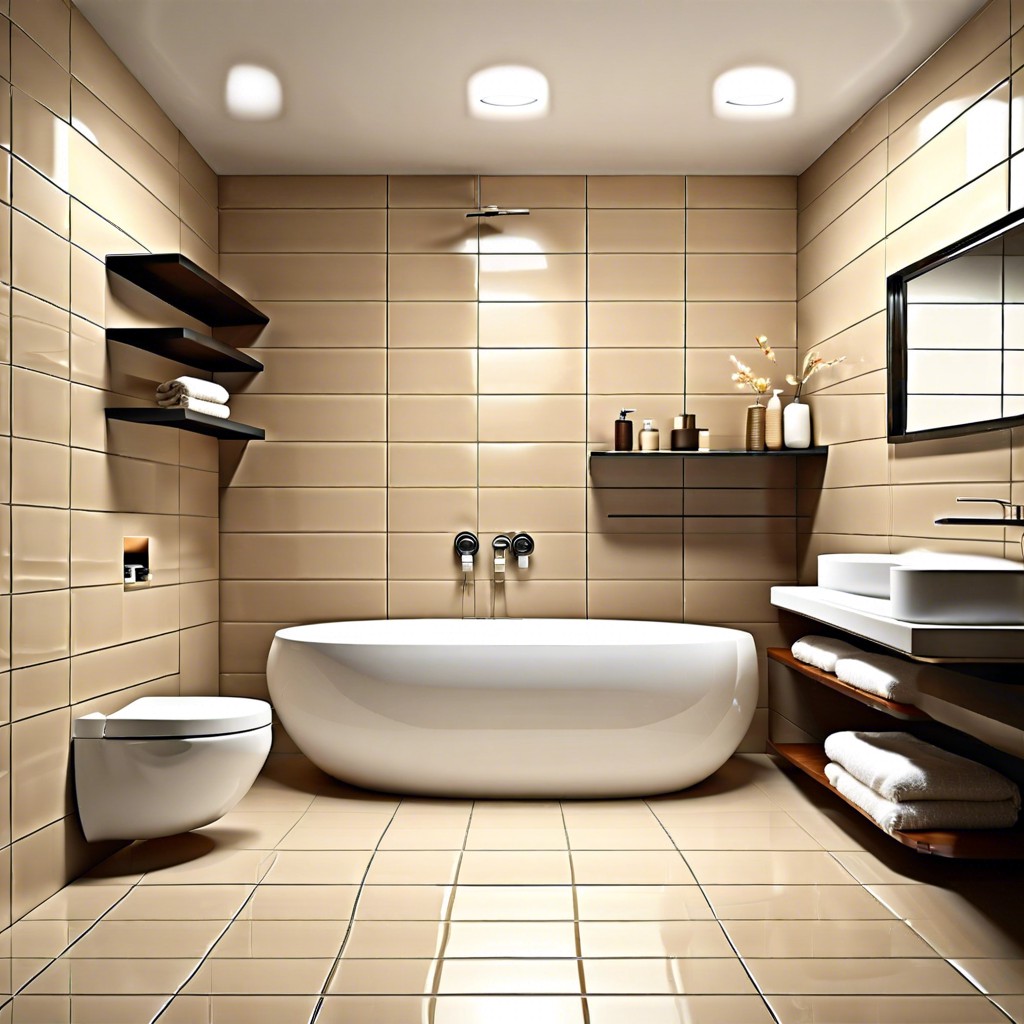 recessed shelves tiled with reflective beige tiles