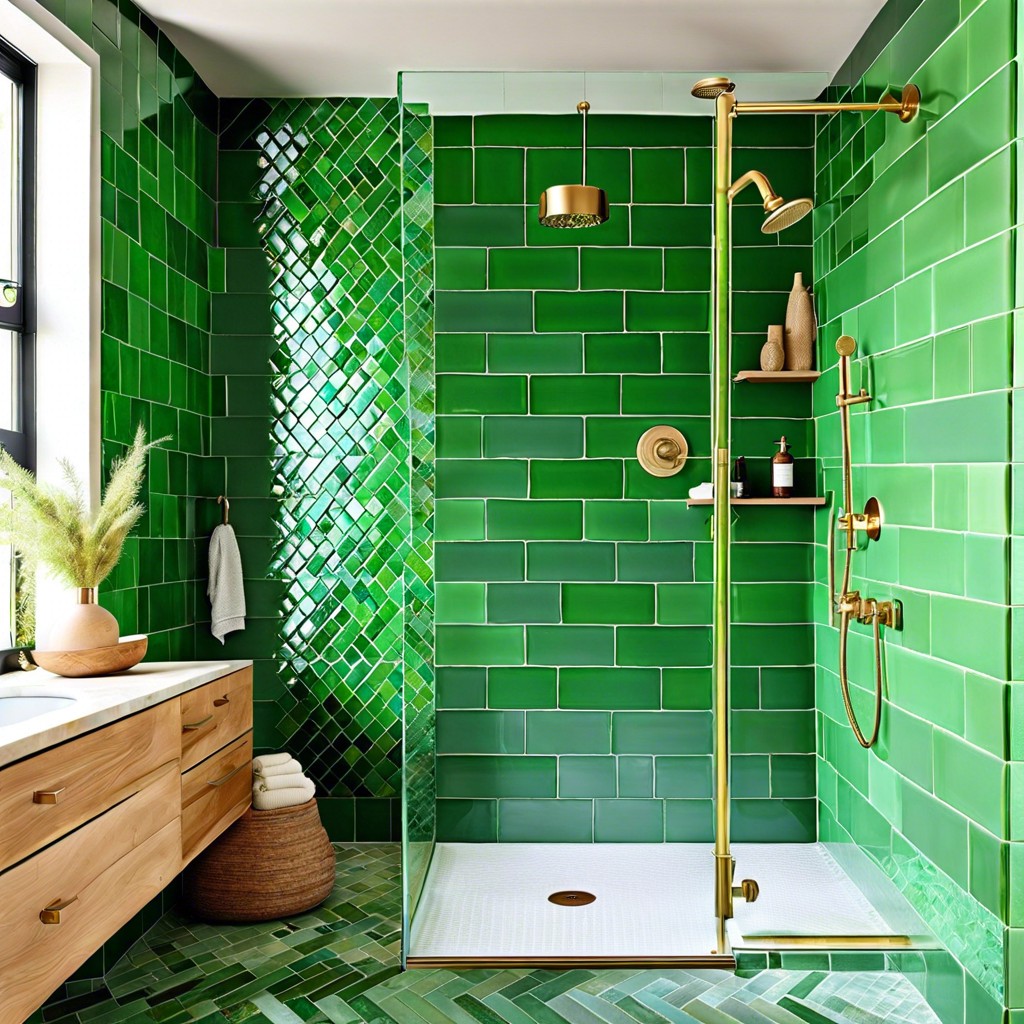 recycled glass tiles in a herringbone pattern