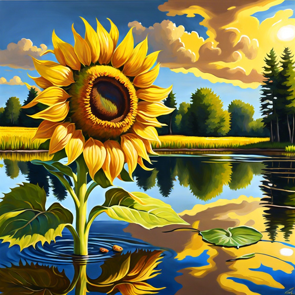 reflections of sunflowers show sunflowers reflected in a still pond