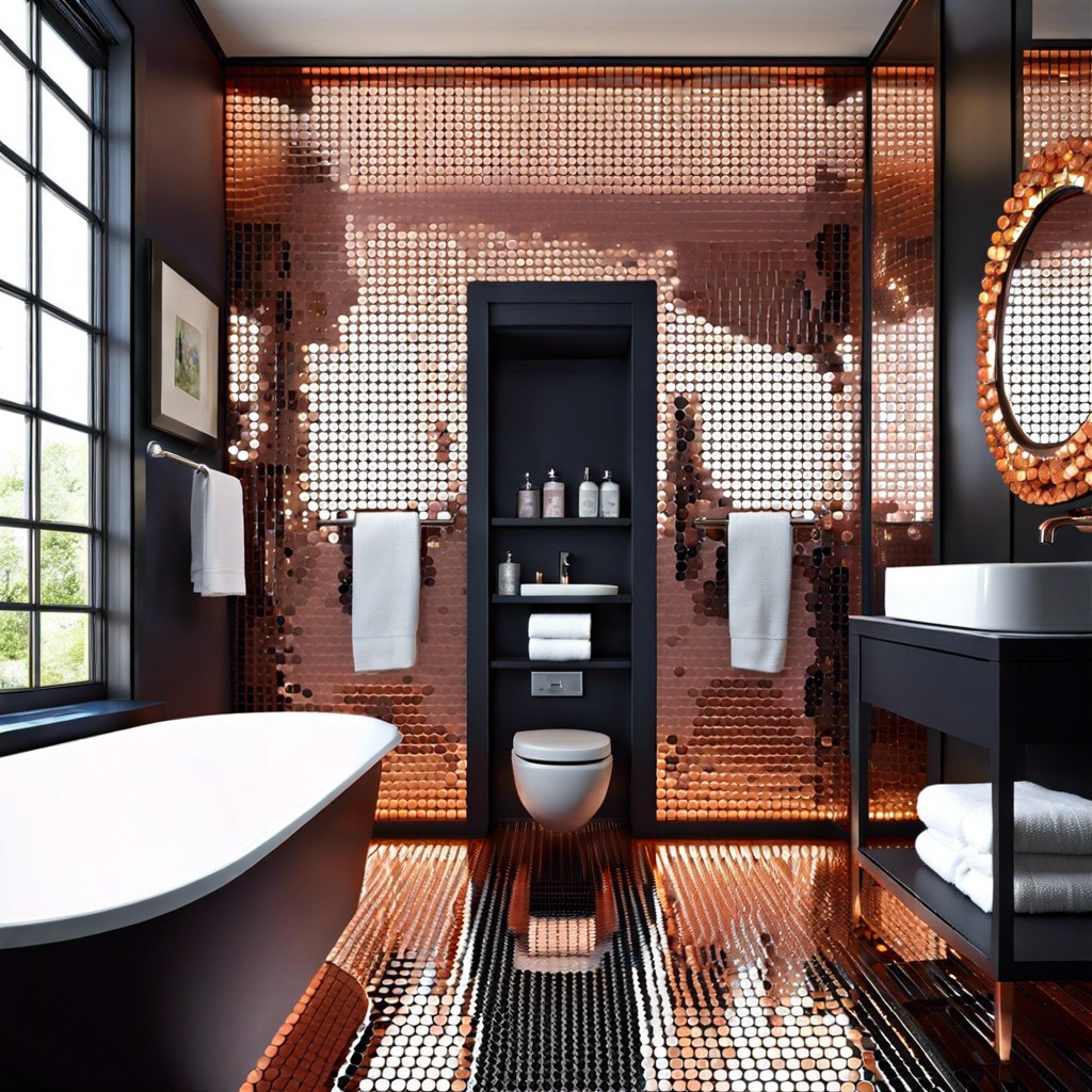 reflective penny tiles to enhance small bathroom lighting