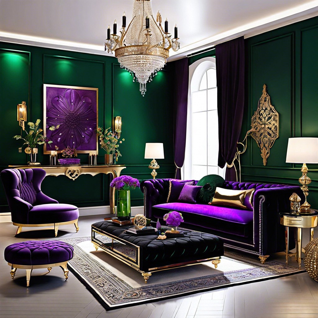 regal luxury black velvet sofa with rich purple or emerald green accessories