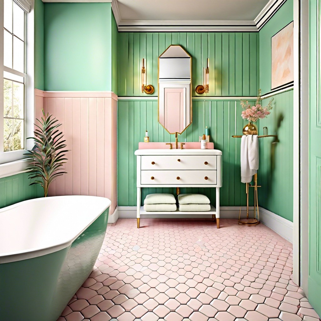 retro glam white hexagonal tiles with pastel accents and vintage fixtures