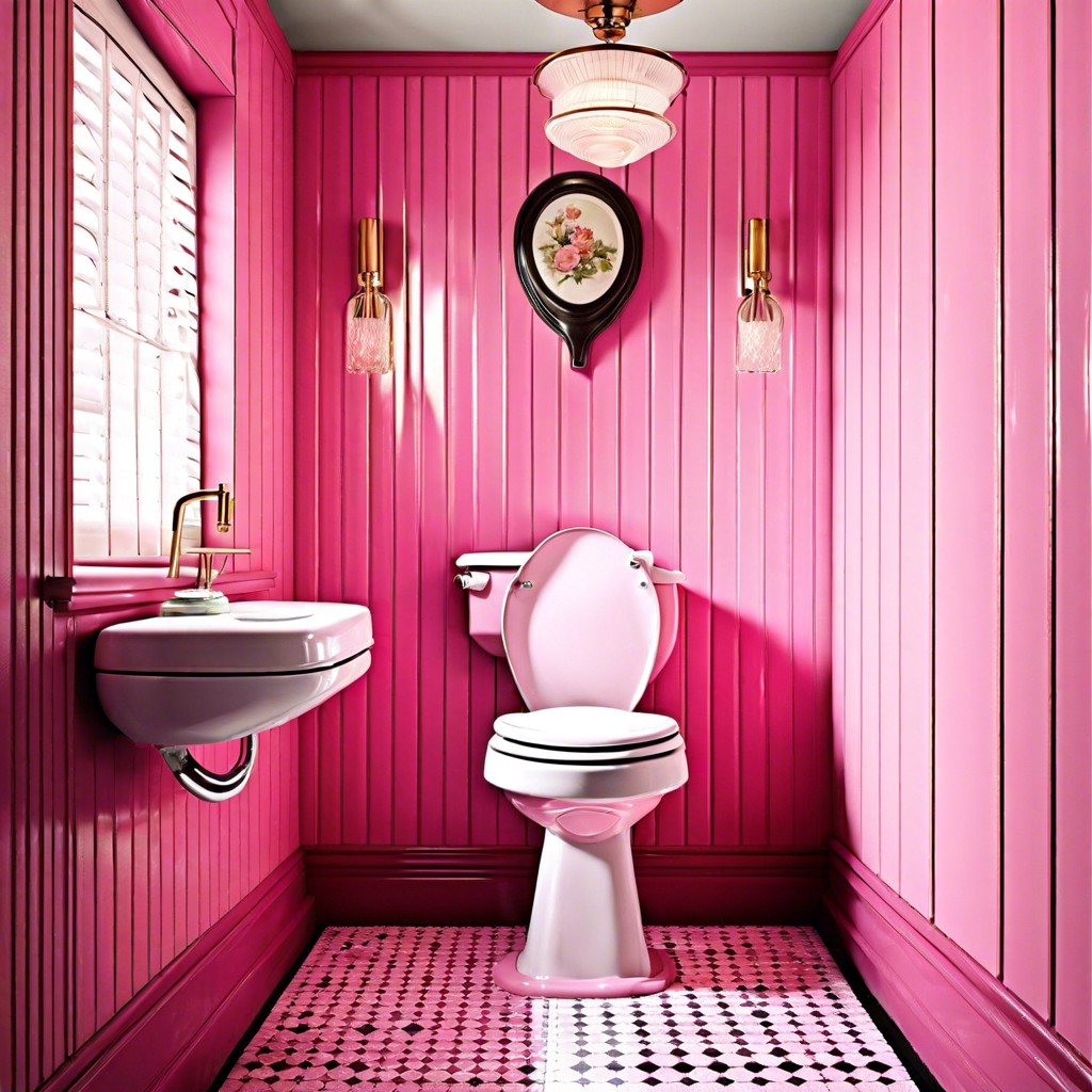 retro pink toilet with a high tank