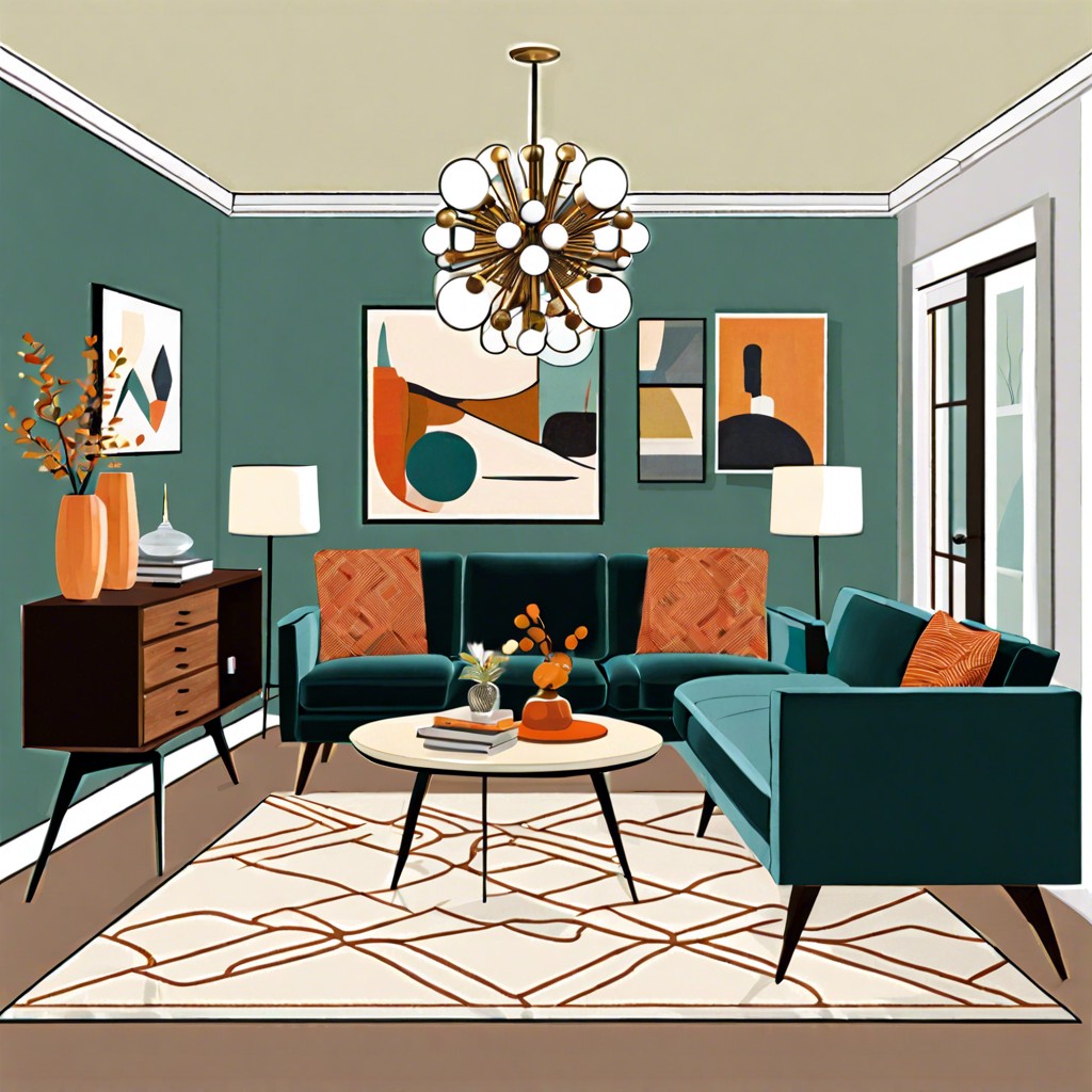 retro revival combine a mid century modern styled sectional with retro decor elements like a sputnik chandelier and vintage side tables