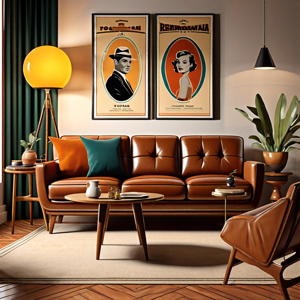 retro revival complement a mid century modern leather sofa with vintage posters and classic lamps