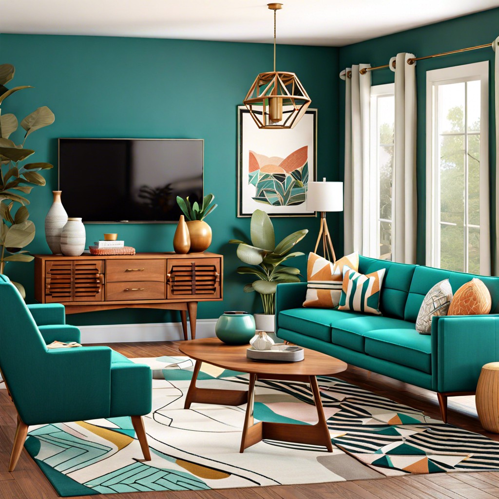 retro vibe incorporate mid century modern furniture and geometric patterns