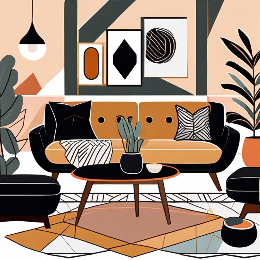 retro vibes add mid century modern furniture pieces and geometric prints
