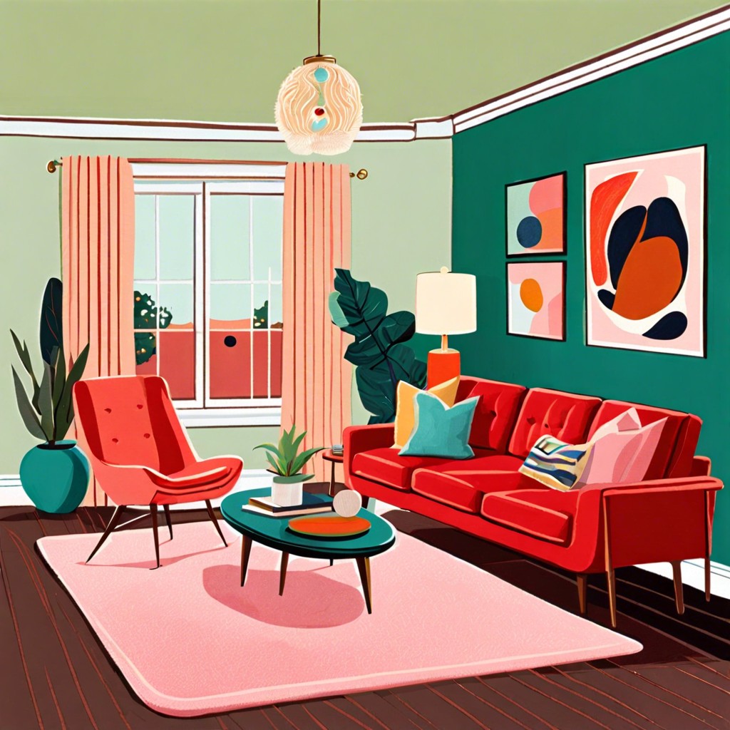 retro vibes combine the red couch with pastel colors mid century furniture and shag rugs