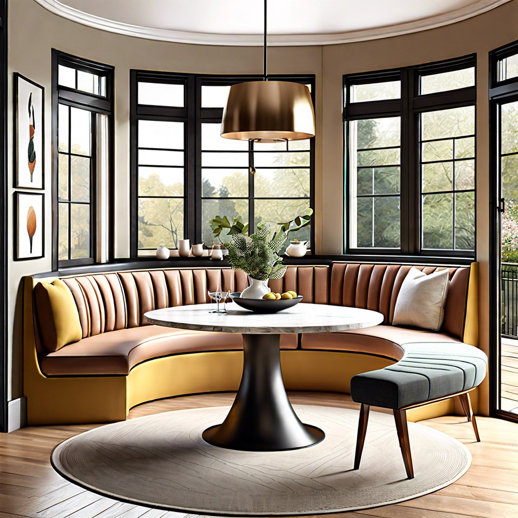 round table with curved banquette sofa