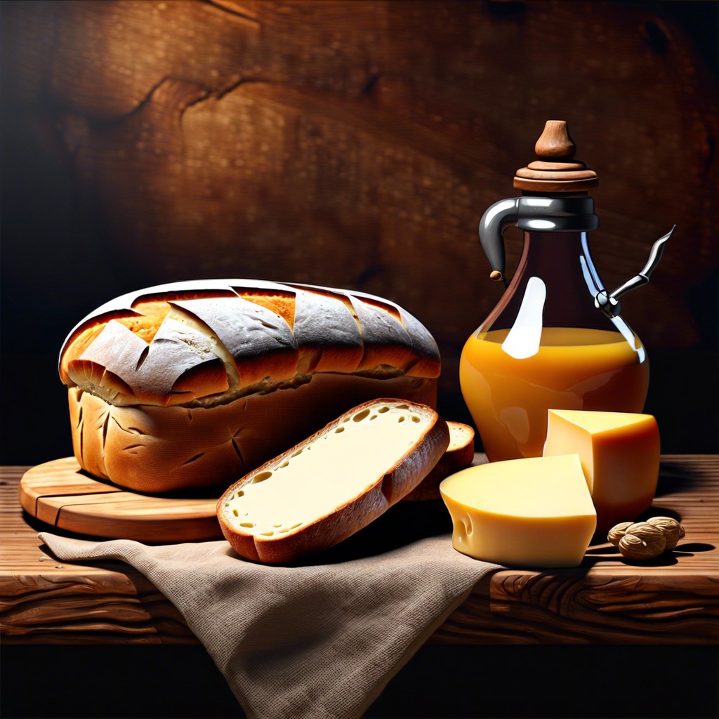 rustic bread and cheese on a wooden board