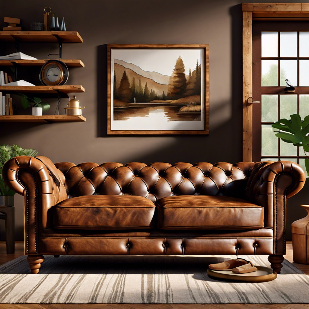 rustic brown chesterfield with wood legs