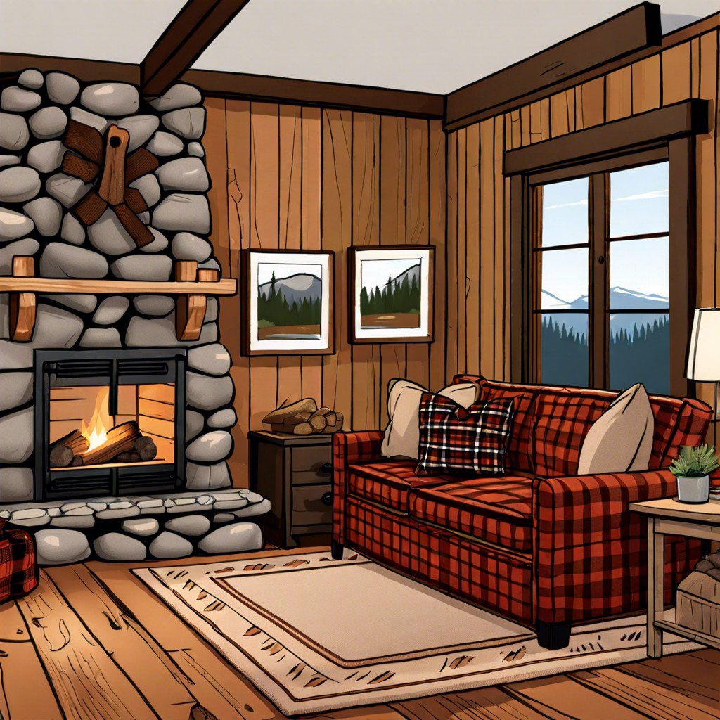 rustic cabin wood paneling flannel fabrics and a stone fireplace