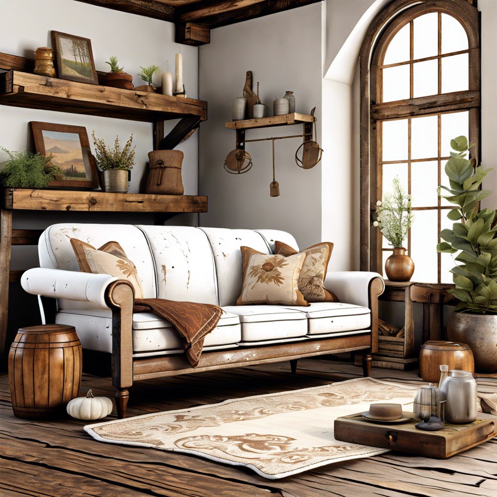rustic charm using a distressed white fabric couch and vintage wooden decor