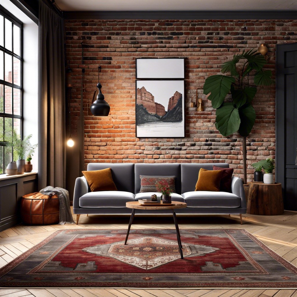 rustic charm with exposed brick and vintage rugs