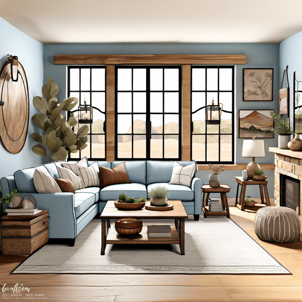 rustic chic combine a light blue couch with earth tones natural wood and wrought iron