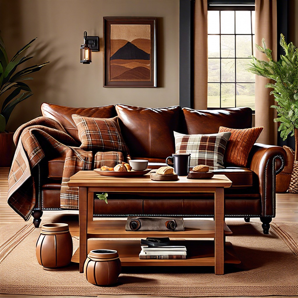 rustic cozy brown leather sofa wooden coffee table plaid blankets