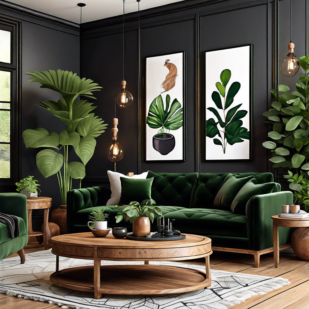 rustic elegance black velvet sofa with wooden coffee table and lush green plants