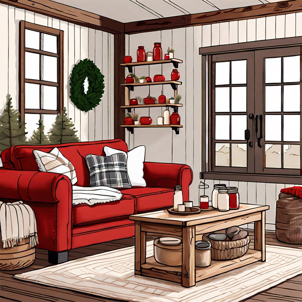rustic farmhouse team the red couch with distressed wood mason jar decorations and cozy knitted blankets
